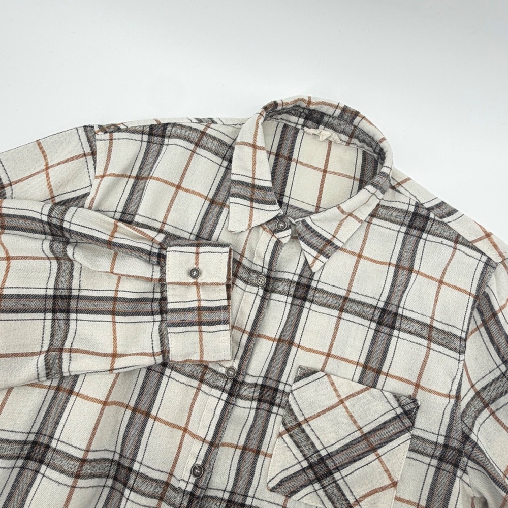 La Miel Women's Plaid Brown Black Flannel Shirt Long Sleeve Button Up Top Medium